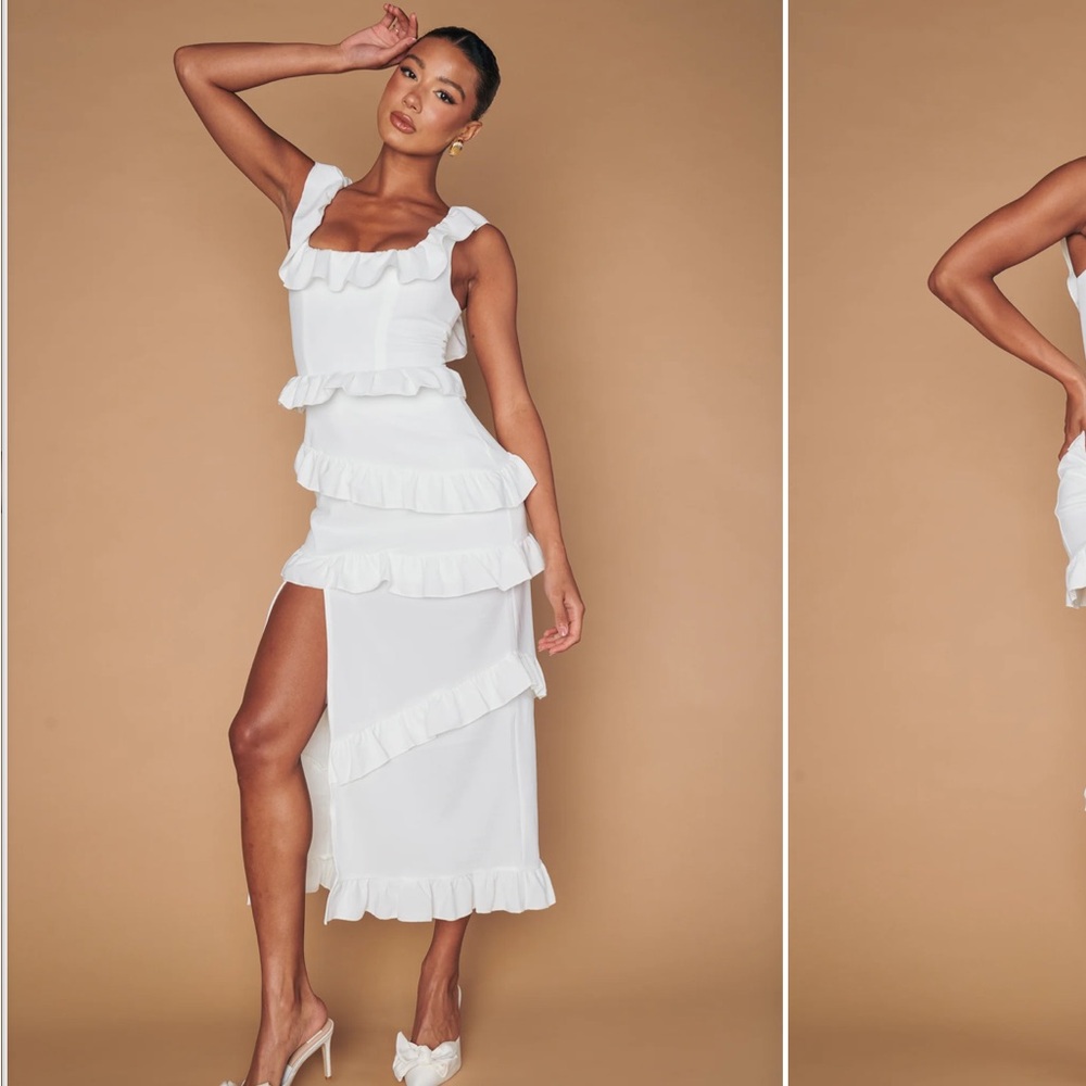 Show Me Your MuMu White Ruffle Midi Dress